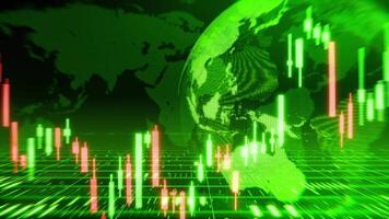 global stock market trends depicted with a green world map. Suitable for financial presentations, news articles, and market analysis reports. video