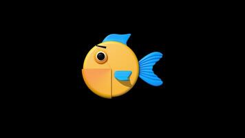 Big fish eats small fish. Purple fish eats yellow fish and yellow fish eats purple fish against background with alpha channel. Loop sequence. 3d animation video