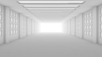 Long empty tunnel corridor with white windows on both sides. Loop sequence. 3D Animation video