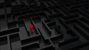 Icon of a man in red looking for the exit of a square maze in black. Loop sequence. 3D Animation video