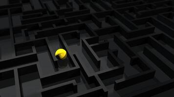 Yellow sphere looking for the exit of a square labyrinth in black. Loop sequence. 3D Animation video