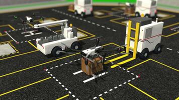 White delivery drones landing and taking off from logistics center. Robotic forklifts deliver and retrieve shipping packages from drones. Loop sequence. 3d animation video