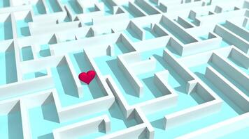Red heart looking for the exit of a white square maze with a blue floor. Loop sequence. 3D Animation video