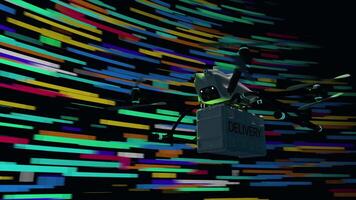Delivery drone flying at high speed at night against background of moving lines of different colors. Loop sequence. 3D Animation video