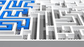 Blue line looking for the exit of a white square maze with a black and white checkered floor. Loop sequence. 3D Animation video