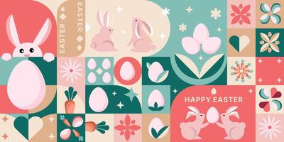 Happy Easter geometric background, banner, packaging, creative design. Modern geometric minimal abstract rabbits, eggs and geometric elements. Easter Holiday mosaic style background,pattern. vector