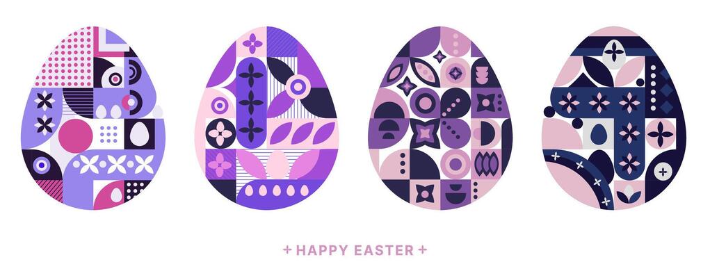 Abstract Easter eggs in Modern geometric style set. Happy Easter eggs with geometric retro patterns. Perfect for poster, cover, advertising, print, emblem, promo web or postcard. illustration