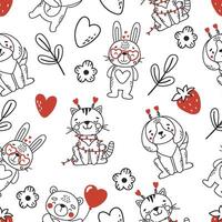 Valentines pattern, love line animals seamless pattern vector