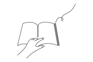Open book continuous one line drawing and doodle illustration vector