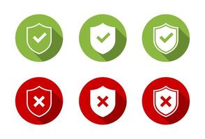 Shield protection check and cross mark icon set with long shadow. Security defense sign symbol vector