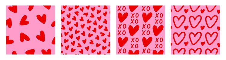 Set cute seamless patterns with red hearts on a pink background. Romantic print for wallpaper, fabric, textile design, wrapping paper. vector