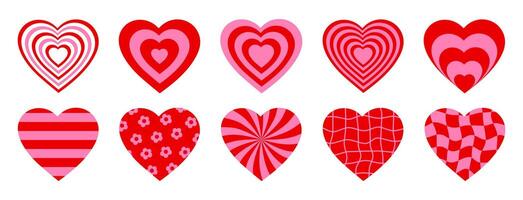 Set romantic hearts in pink and red colors. Retro background in style 70s, 80s. Concentric hearts isolated icons vector