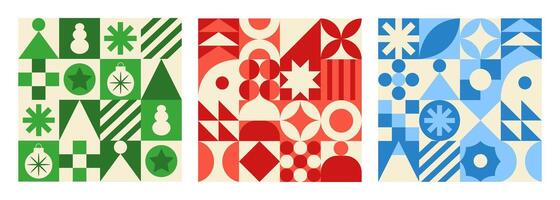 Geometric set monochrome seamless patterns. Trendy abstract swiss background. Red, blue and green colors vector