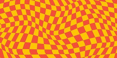 Twisted checkered colorful background. Abstract pattern. Red and yellow colors. Retro wavy psychedelic checkerboard vector