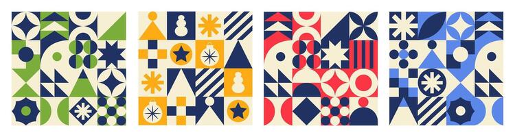 Geometric set colorful seamless patterns. Trendy abstract swiss background. Red, blue, yellow and green colors. vector