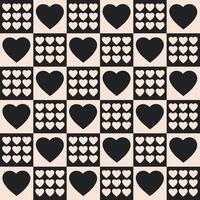 Monochrome seamless pattern with hearts on a checkered background. Modern retro illustration for decoration. Aesthetic print in style 60s, 70s. vector