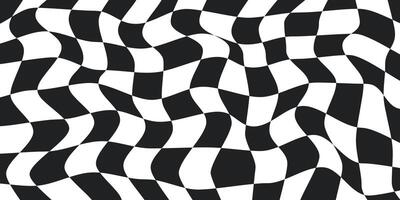 Twisted checkered background. Abstract pattern. Black and white colors. Retro wavy psychedelic checkerboard vector