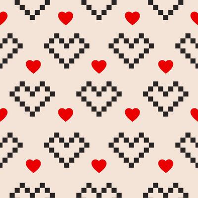 Minimalistic seamless pattern with black pixel hearts on a beige background