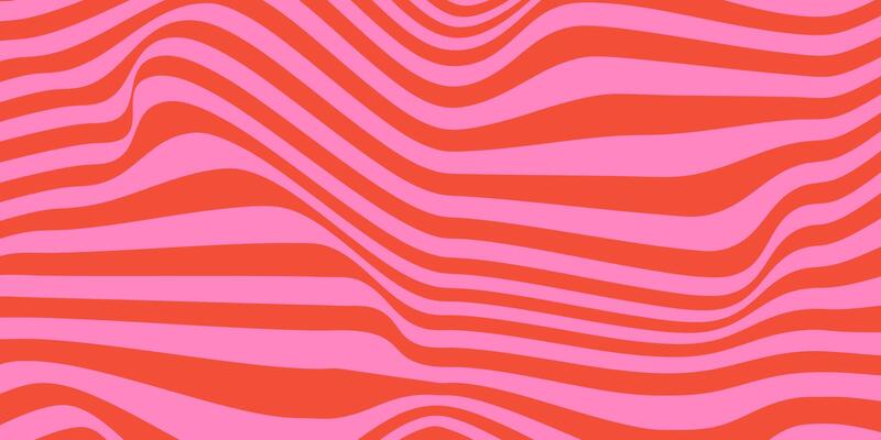 Abstract horizontal background with dynamic waves. Trendy illustration in style retro 60s, 70s. Red and pink colors