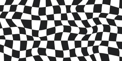 Twisted checkered colorful background. Abstract pattern. Black and white colors. Retro wavy psychedelic checkerboard vector