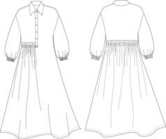 this drawing of a dress with a collar and ruffle technical drawing features detailed elements, including collar design, ruffle details, and seam lines. Ideal for fashion designers and garment makerzz vector