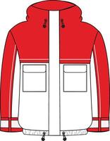 Long jacket technical drawing with zipper closure, tailored fit, and functional details red and white color vector