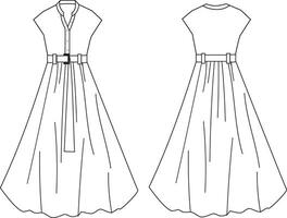 Technical drawing of a chic dress featuring a stylish buckle belt. This detailed illustration highlights the garment's sophisticated design, from the elegant neckline to the flattering silhouette. vector