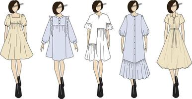 This set features three distinct fashion illustrations of women clothing, showcasing different models and styles. Each illustration highlights unique design elements, silhouettes, and details. Ideal vector