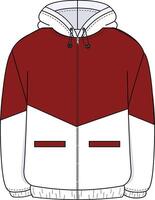 Diagonal jacket technical drawing with a front zipper, angled closure, and modern design. Features clean lines, structured fit, and functional elements like side pockets and cuffs, perfect for both vector