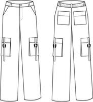 Cargo pants technical drawing with zipper, multiple pockets, utility style, and relaxed fit vector