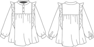Technical drawing of a long blouse with ruffle details. This precise illustration captures the blouse's elegant design, showcasing its flowing silhouette and decorative ruffles. vector