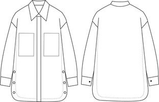long shirt with low sleeve technical drawing features detailed elements, including the shirt extended length, low sleeves, and seam lines. Ideal for fashion designers, with 6 button accent vector