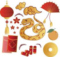 illustration of Chinese New Year elements for the Year of the Wood Snake coins, lanterns, fans, mandarin oranges, sakura flowers, and red envelopes with Gong Xi Fa Cai text in festive vector