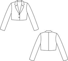 Long blazer technical drawing with zipper, tailored fit, clean lines, and modern formal style vector
