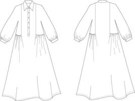 this drawing of a dress with a collar and ruffle technical drawing features detailed elements, including collar design, ruffle details, and seam lines. Ideal for fashion designers and garment makers vector