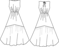 This sleeveless dress with bow in back technical drawing features precise details, including the bow design and seam lines. Ideal for fashion designers and garment makers, it ensures accurate interpre vector