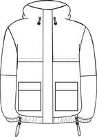 Long jacket technical drawing with zipper closure, tailored fit, and functional details flat vector