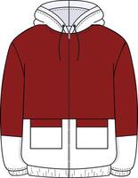 Long jacket technical drawing with zipper closure, tailored fit, and functional details vector