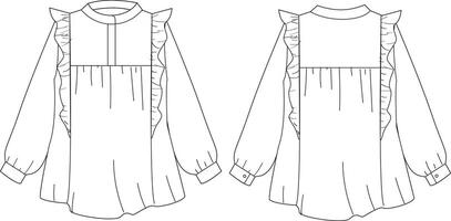 This blouse with ruffle technical drawing showcases precise and detailed elements, from the ruffle design to seam lines. Ideal for fashion designers and garment makers, it ensures accurate interpretat vector