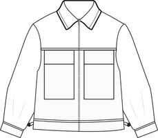 Long jacket with drawstring technical drawing with zipper closure, tailored fit, and functional details vector