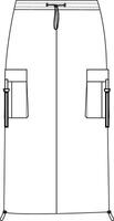 Long cargo skirt technical drawing with zipper, pockets, utility style, and structured fit vector