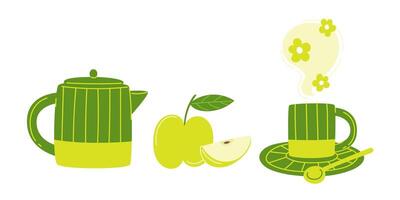 A green teapot and cup set with flower and apple hot tea vector