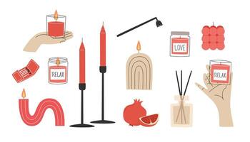 Set of relaxation candles with pomegranate, accompanied by a fragrance oil reed diffuser vector