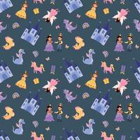Seamless pattern with princesses, princes, unicorns, dragons and castles. Endless textures for your design vector