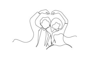 Cute couple making heart shape with hands one-line art drawing. vector