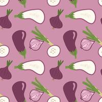 Seamless pattern with eggplants and onions on a purple background. vector
