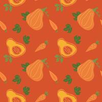 Autumn harvest pattern with butternut squash, carrots, and leaves in warm tones. vector