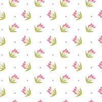 Seamless pattern with pink tulips and green leaves on white background. vector