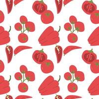 Seamless pattern of red tomatoes and peppers on white background. vector