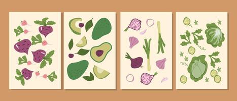 Colorful assorted vegetables and fruits in artistic illustrations on canvas. vector